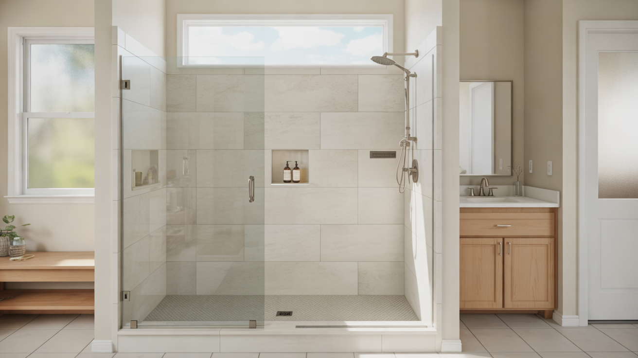Bright residential bathroom with a glass shower enclosure, light tile, and a wood vanity